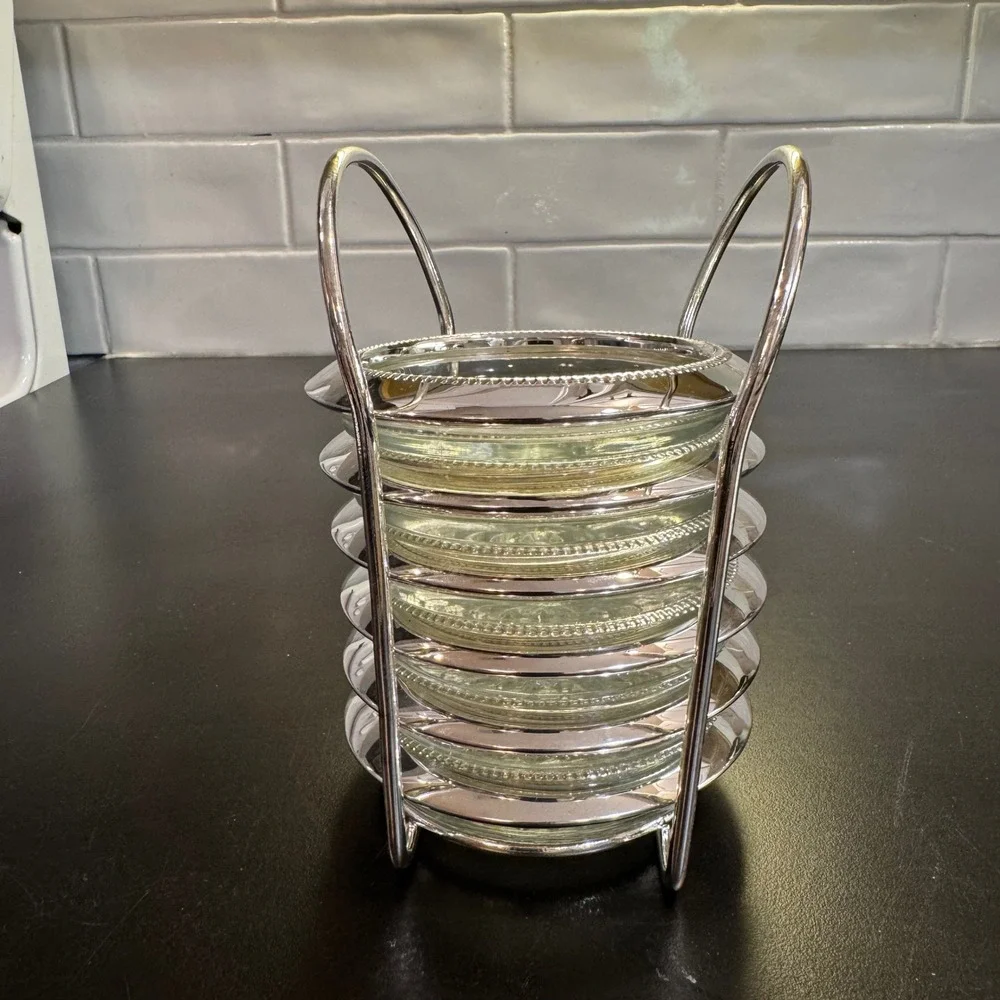 Vintage Coaster Set 6pc Silver Clear Glass Sunburst Beaded Rim with Caddy